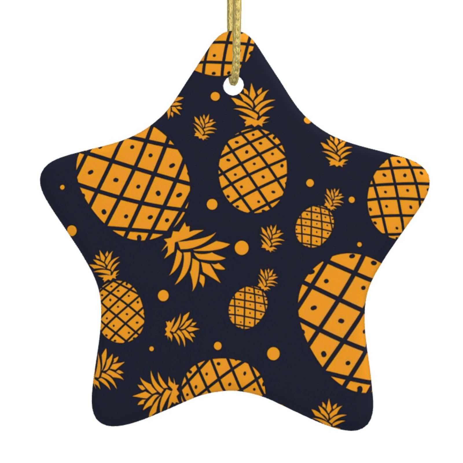 Golden Pineapple Print Christmas Ornaments, Ceramic Hanging Ornament, Round Shape Decorations