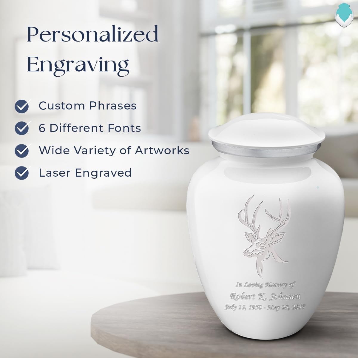 Geturns - Adult Personalized Deer Cremation Urns for Human Ashes I Large White Funeral Urn for Men and Women I 200 lbs