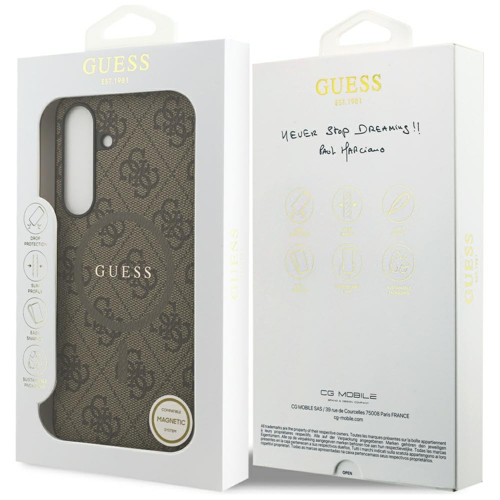 CG MOBILE Guess 4G Ring Classic Logo Compatible con MagSafe Funda para Samsung Galaxy S25 FE (marrón)