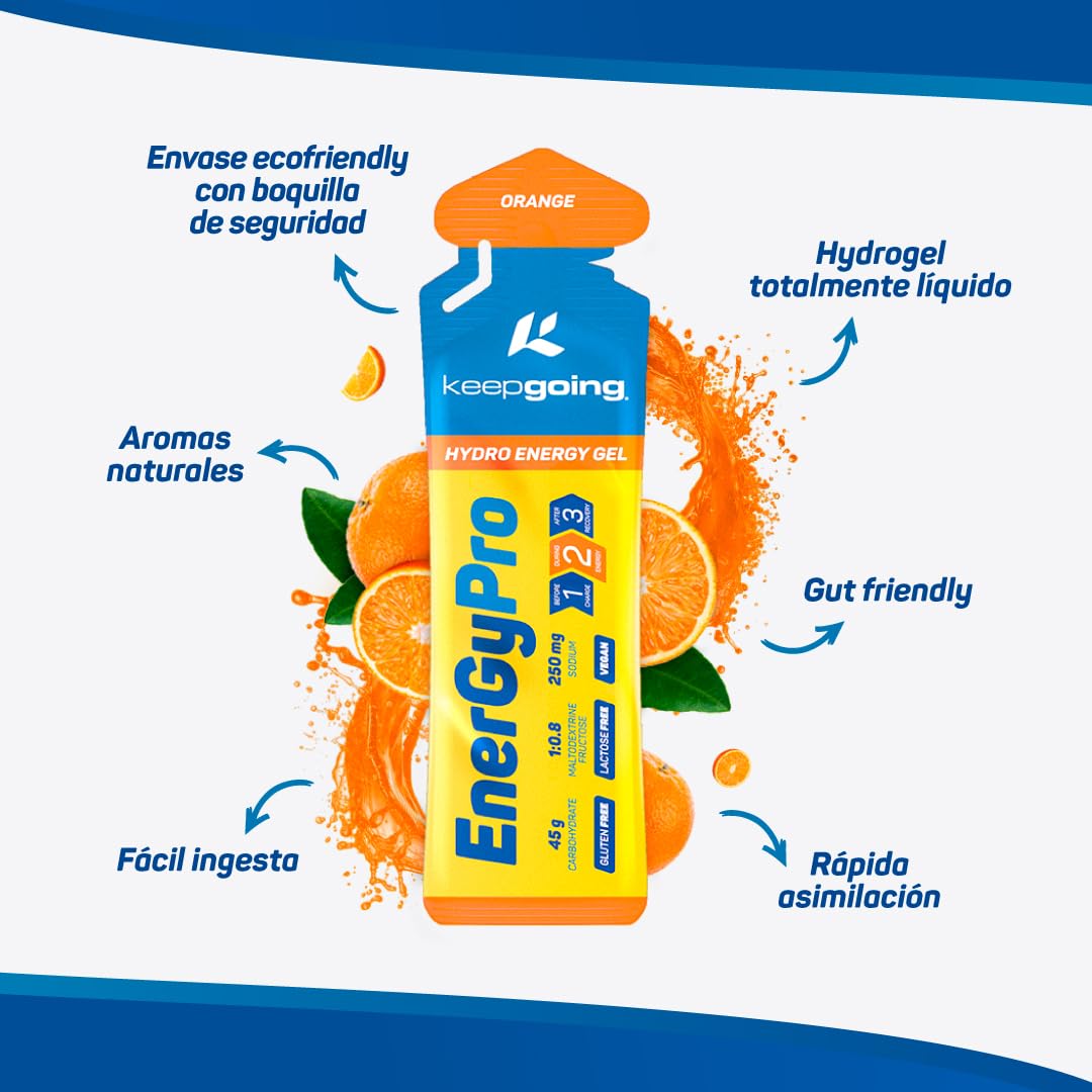 Keepgoing Gel Energético EnergyPro Sabor Naranja 12 uds x 75g | Energy Gel Ciclismo y Running | Ratio 1:0,8 Maltodextrina: Fructosa