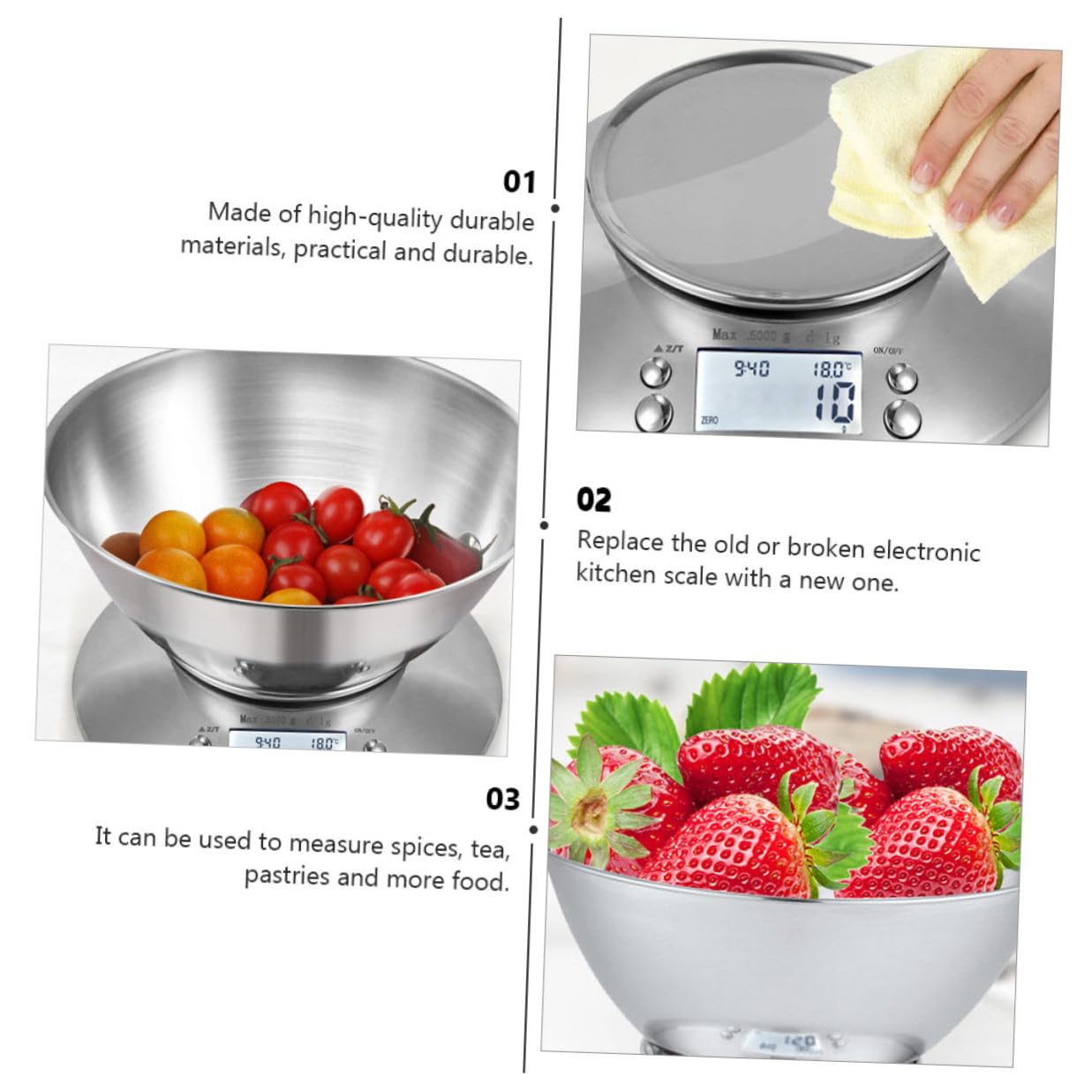 Stainless Steel Electronic Kitchen Scale with Timer and Removable Bowl, High Precision Digital Food Scale for Cooking and Baking, Household Kitchen Gadget with LCD Random Color