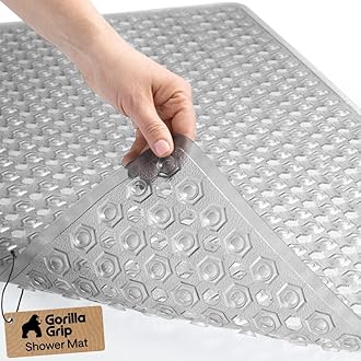 Patented Bath Tub Shower Mat, Machine Washable Bathtub Floor Liner Mats, Suction Cups and Drain Holes to Keep Tubs Clean, Soft on Feet, Bathroom Essentials, 35x16 Inch, Clear Gray