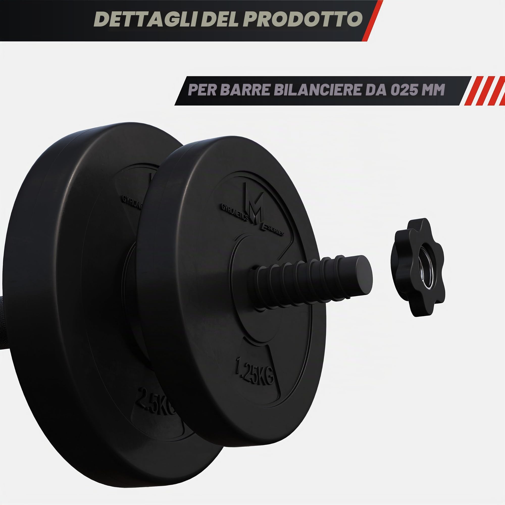 GYRONETICS® Dischi Pesi - 30 kg Set, 2x5; 6x2,5; 4x1,25 kg, Foro 25mm, Plastica, Nero - Disco Peso, Piastre per Bilanciere, Manubri, Palestra, Sollevamento, Allenamento a Casa, Fitness E-Series