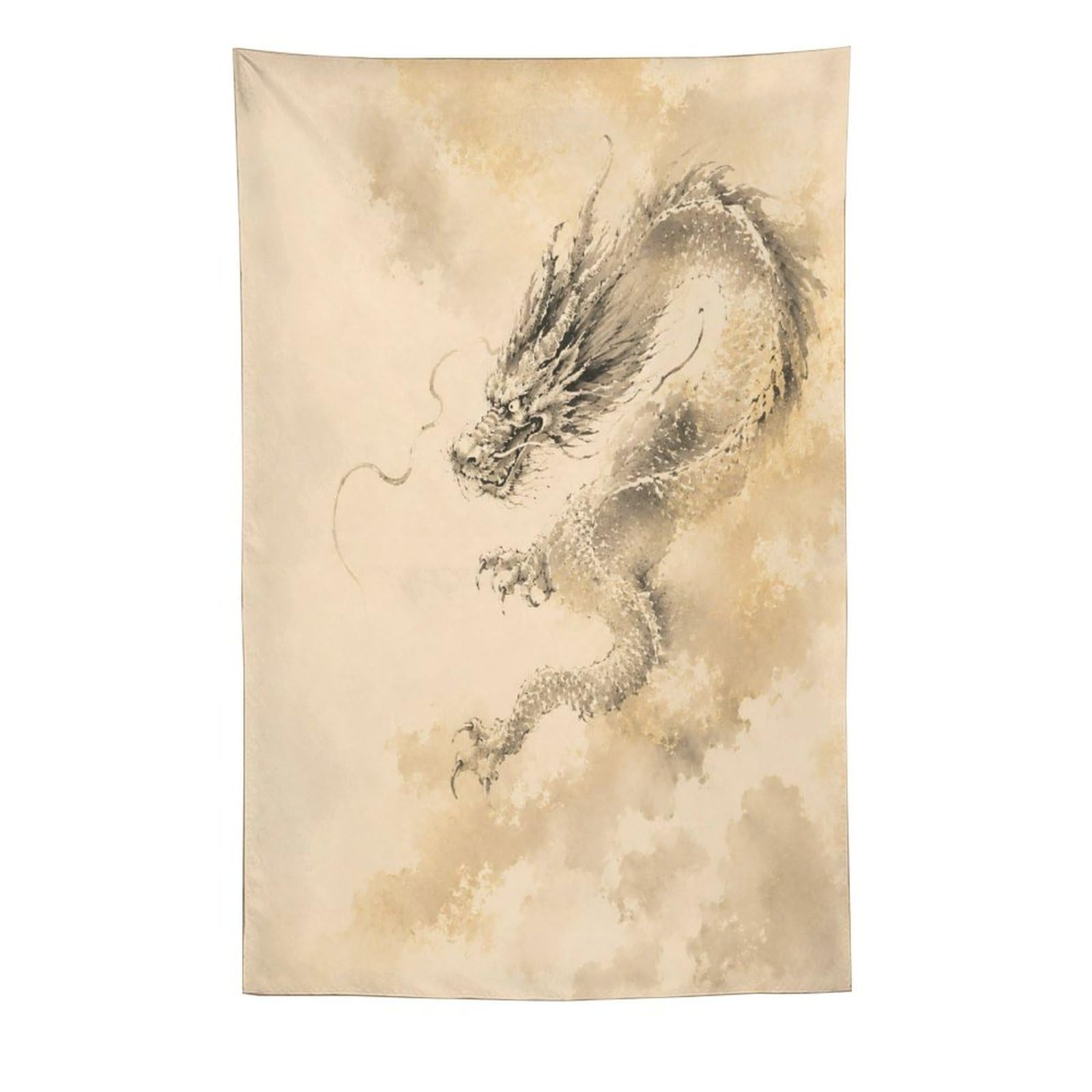 W7C8U2X3 Ink Dragon Cloud Wall Tapestry, Asian Ink Style, Minimal Fantasy
