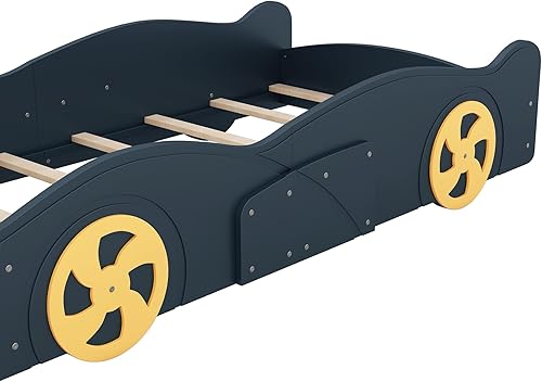 Miniatura 5 de P PURLOVE Cama de plataforma con forma de auto de carreras de tamaño individual con almacenamiento para niños, marco de cama de automóvil de madera