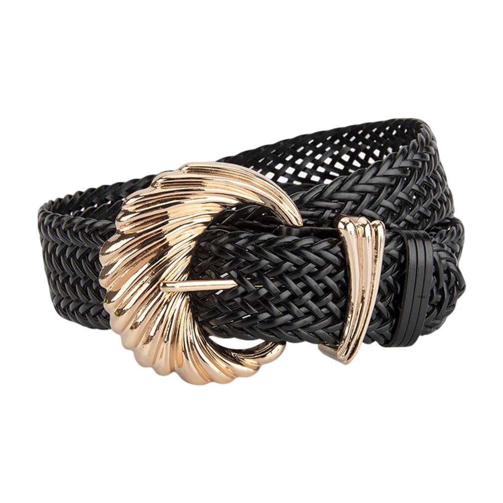Jiary Women's Black Braided Wide Leather Belts For Woven Belts With Large Gold Buckle Boho Waist Belt For Jean Dress,,115Cm/45.3''