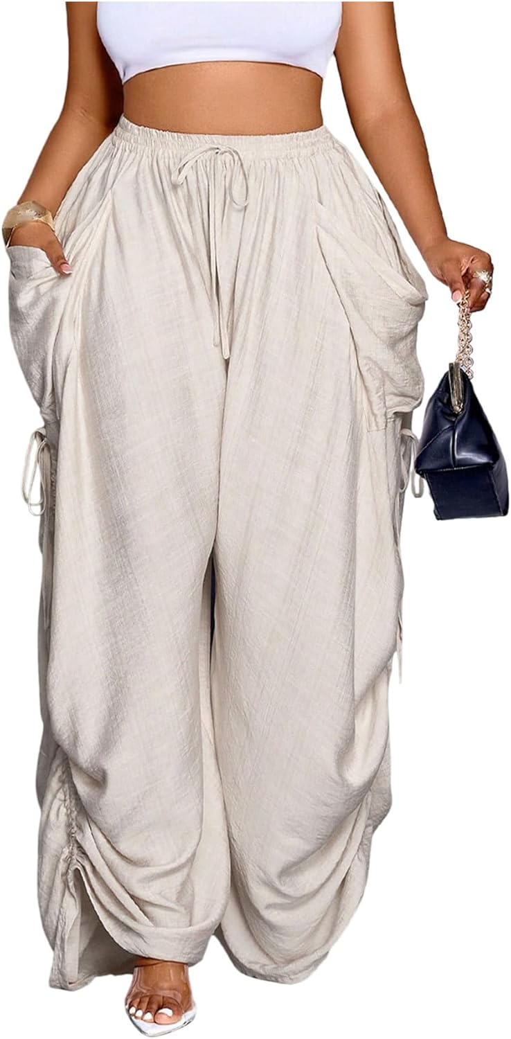 WDIRARA Women's Plus Size Ruched Drawstring Palazzo Pants Drawstring Waist Wide Leg Loose Trousers