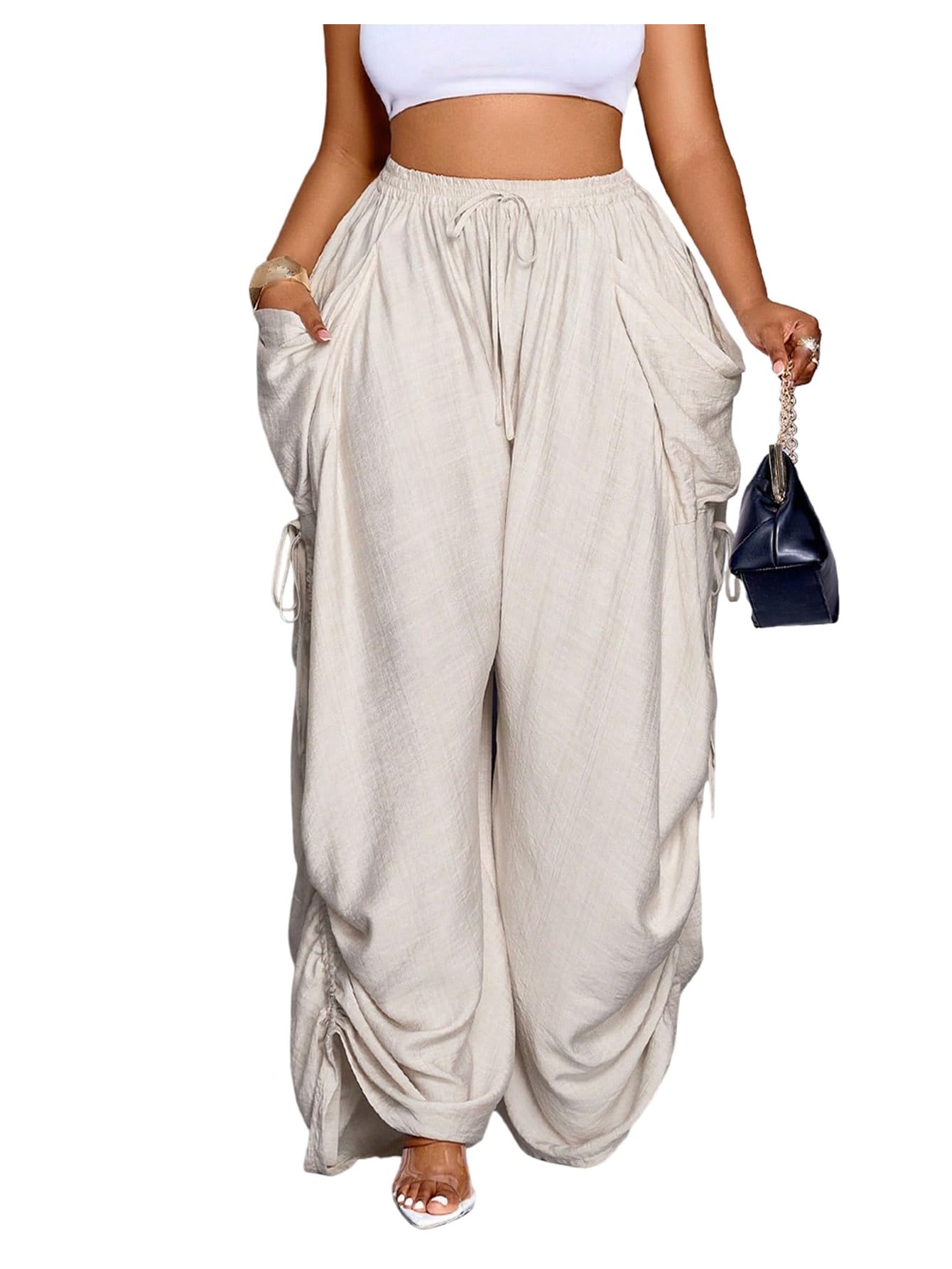 WDIRARA Womens Plus Size Ruched Drawstring Palazzo Pants Drawstring Waist Wide Leg Loose Trousers