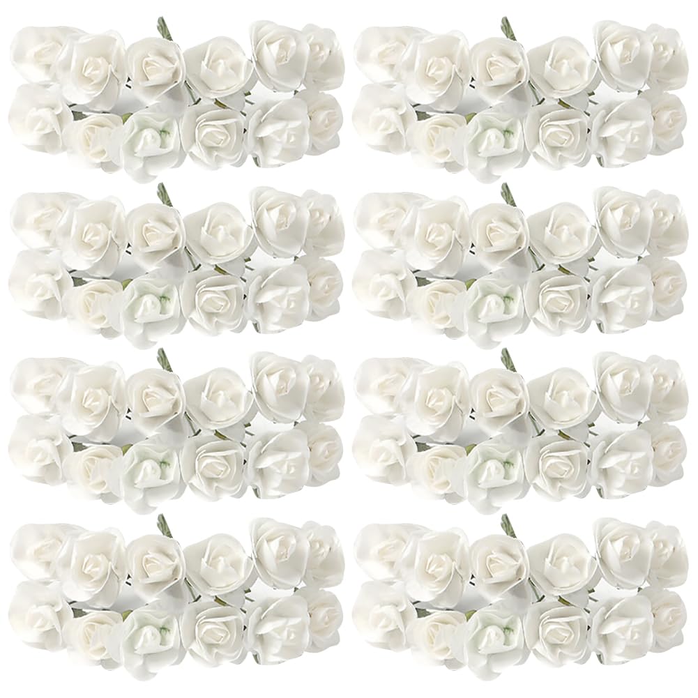 Hugede White 144 Pcs Mini Paper Roses, Craft Wedding Decorations, Diameter 1.5Cm-2Cm, Straight Stem, Minimalist Style, Artificial Paper Flowers
