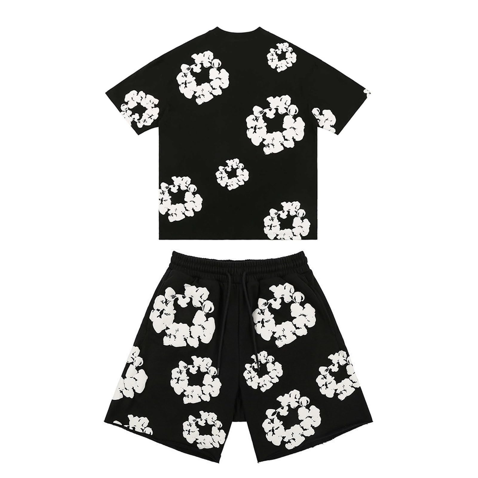 Generico T-shirt e pantaloncini sportivi estivi con stampa floreale per uomo e donna, leggeri e traspiranti, set di abbigliamento sportivo casual.