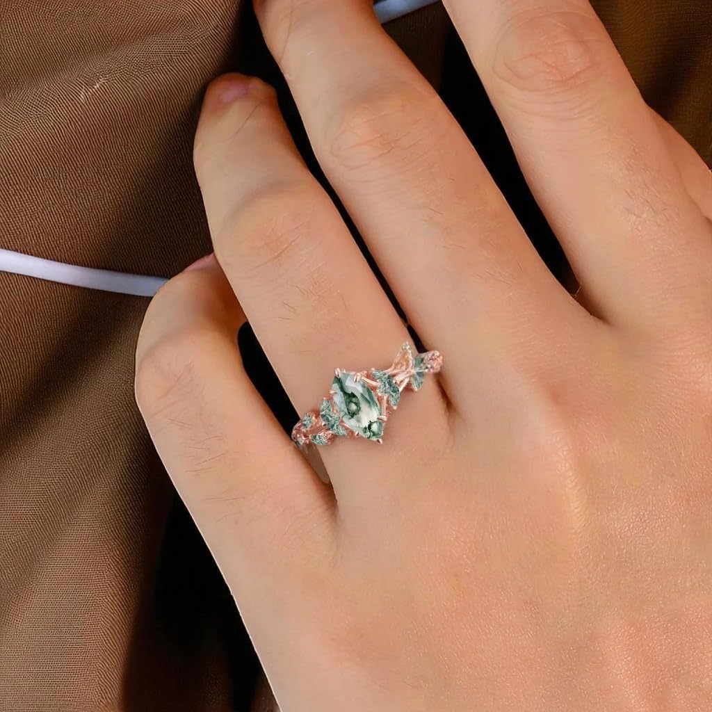 Vintage Marquise Moss Agate Engagement Ring Unique Promise Ring For Her Rose Gold Art Deco Leaf Gemstone Branch Nature Inspired Cluster Ring