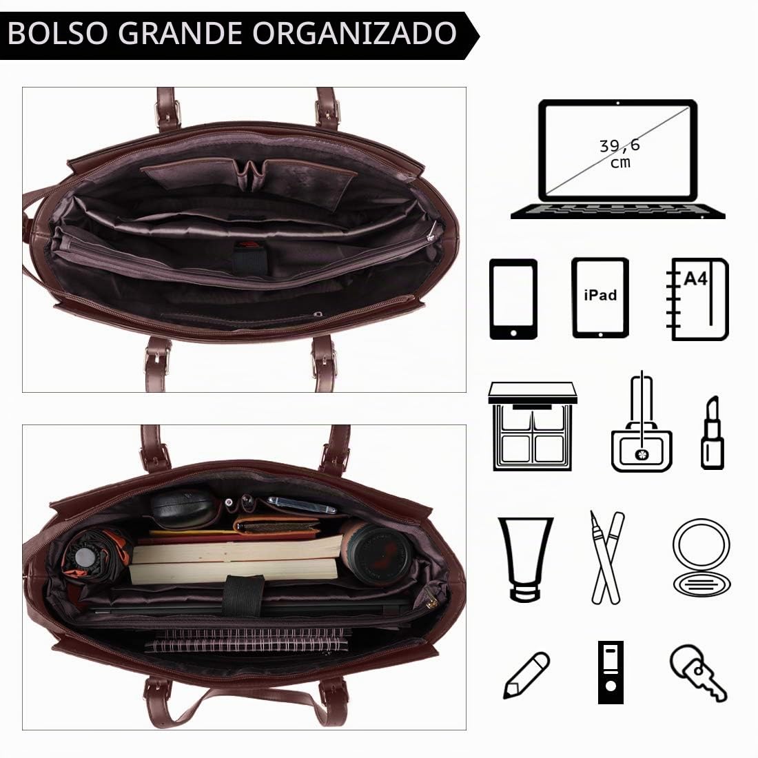 NEWHEY Bolso Universidad Mujer para Portatil 15.6 Pulgadas Grande Impermeable Bolsa Shopper Cuero PU Negro