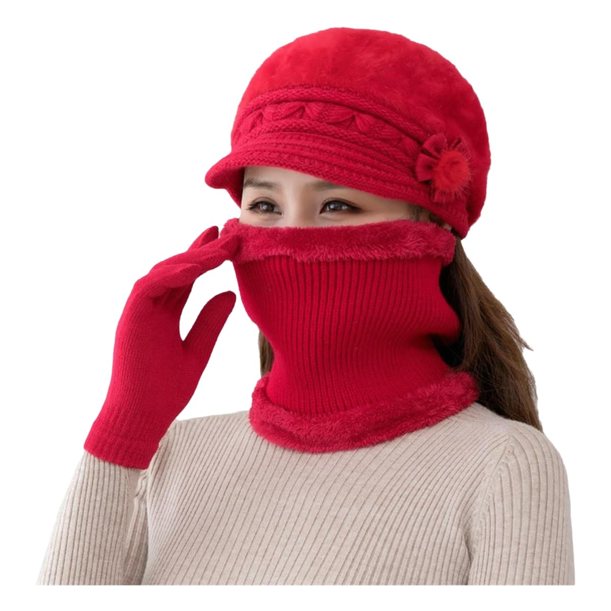 Set Gorro Bufanda Guantes de Piel Sintética Conejo Rojo Caliente