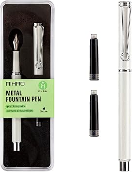 AIHAO Refillable Fountain Pen, Fine Point, Black Ink, 2 Ink Cartridges in one Set, Pear White, Metal Pen