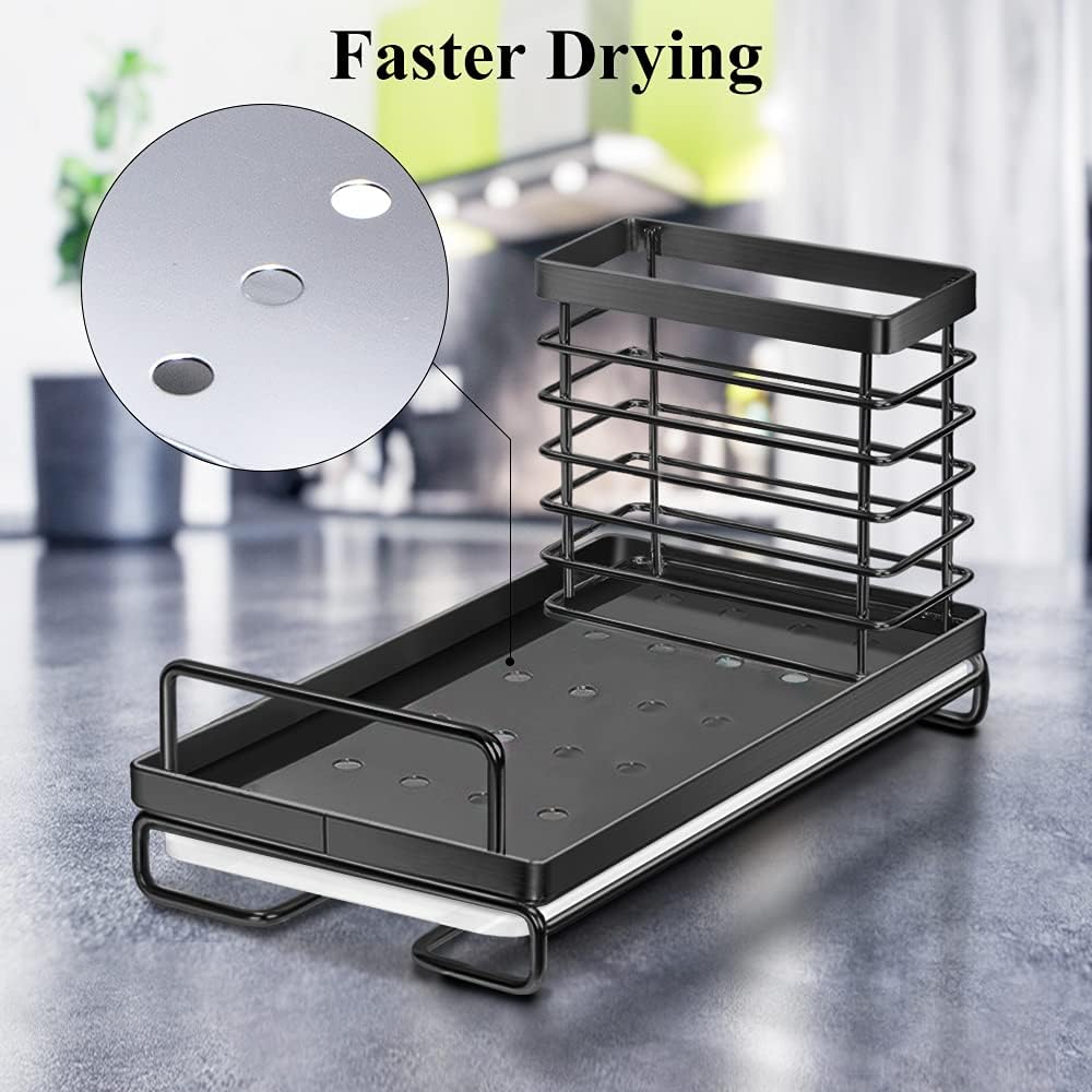 Nieifi Sink Caddy Organizer with Removable Drip Tray, Rust Proof Sponge Holder for Kitchen Sink, Stainless Steel Brush Soap Holder Black