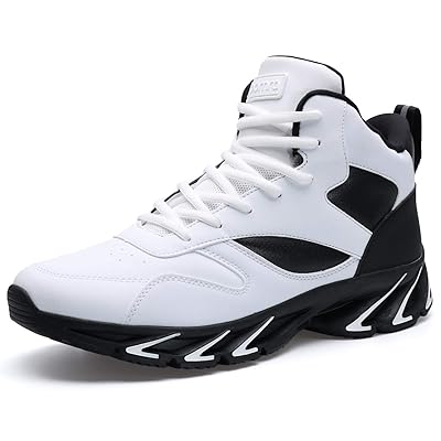 Joomra Mens Work Tennis Shoes White Leather Lace up High Top Leather Cushion Sport Snikers