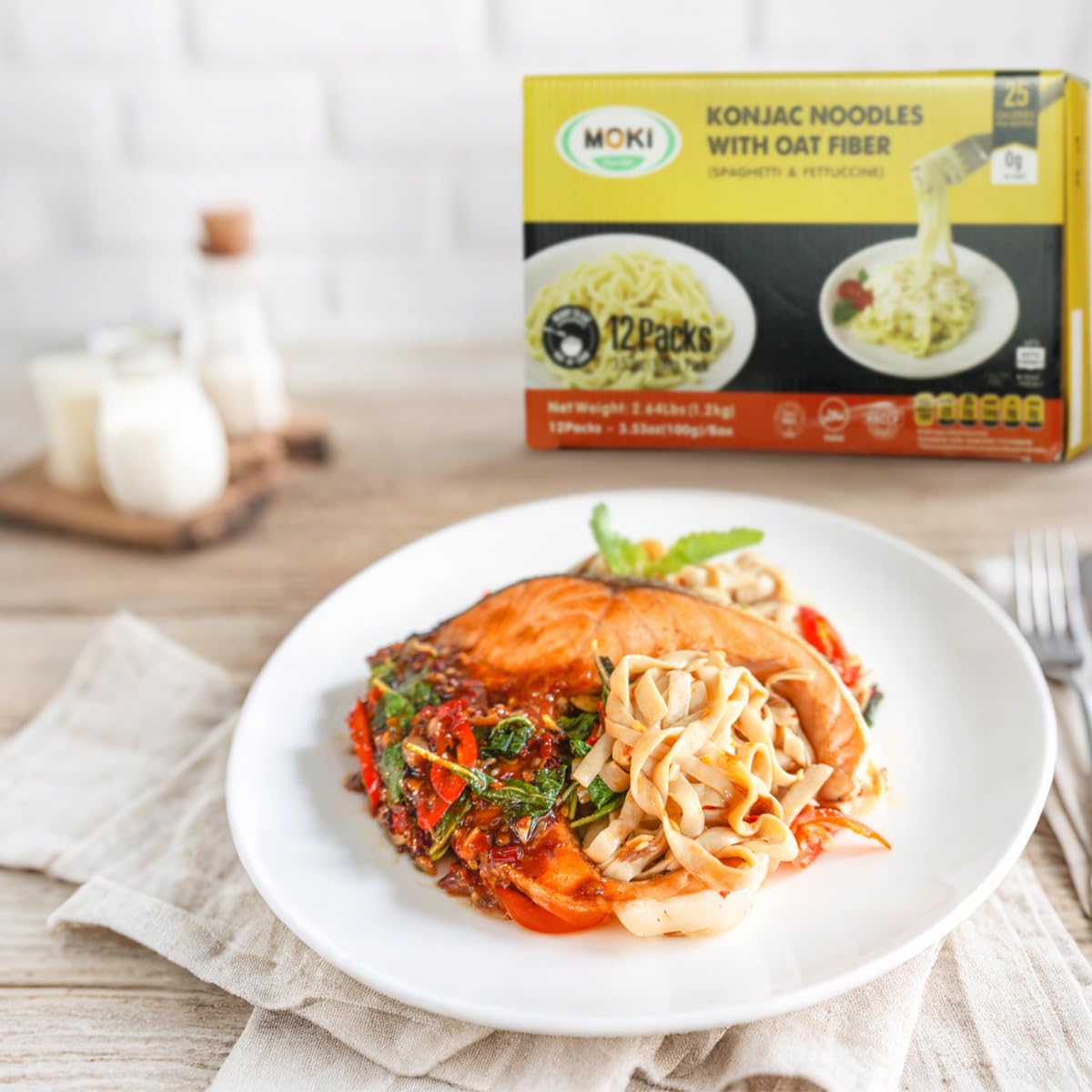 MOKI Wide Konjac Oat Fiber Noodles,Shirataki Thai Fettuccine,12 Pack Low-Calorie Shirataki Pasta, Keto & Paleo-Friendly, Low-Gluten, Vegan,Low-Carb,0-Fat, Oat Flavor from Thailand (42.36 oz,1200g)
