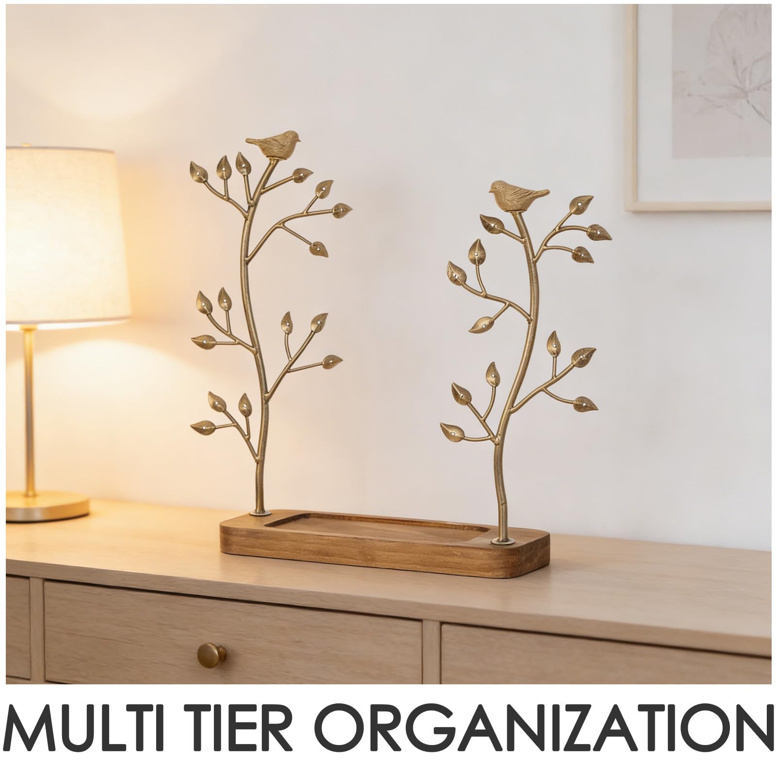 YARNOW Présentoir à Bijoux en Fer et Bois D'arbre à Oiseaux avec Plusieurs Niveaux, Organisation Stable pour Boucles D'oreilles sur Comptoir ou Coiffeuse