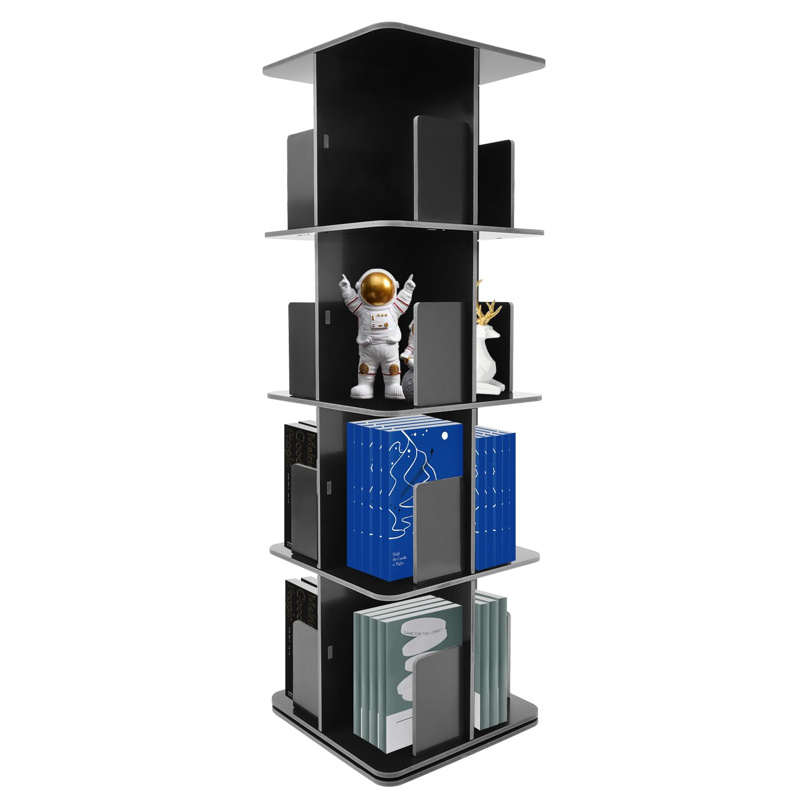 Dekltus Librería giratoria 360°, estantería de 4 niveles, zapatero giratorio para dormitorio, estudio, sala de estar, habitación de los niños, sala de juegos, color negro