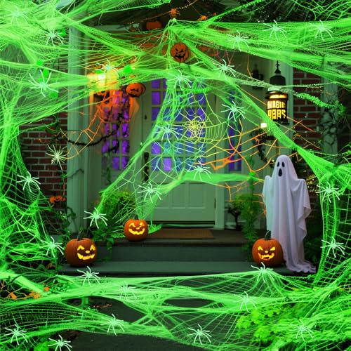 Tela de araña luminosa de Halloween, 300 g, con 60 unidades de arañas, telarañas luminosas, telarañas elásticas, decoración de araña de Halloween, decoración para interior, exterior, jardín, casa