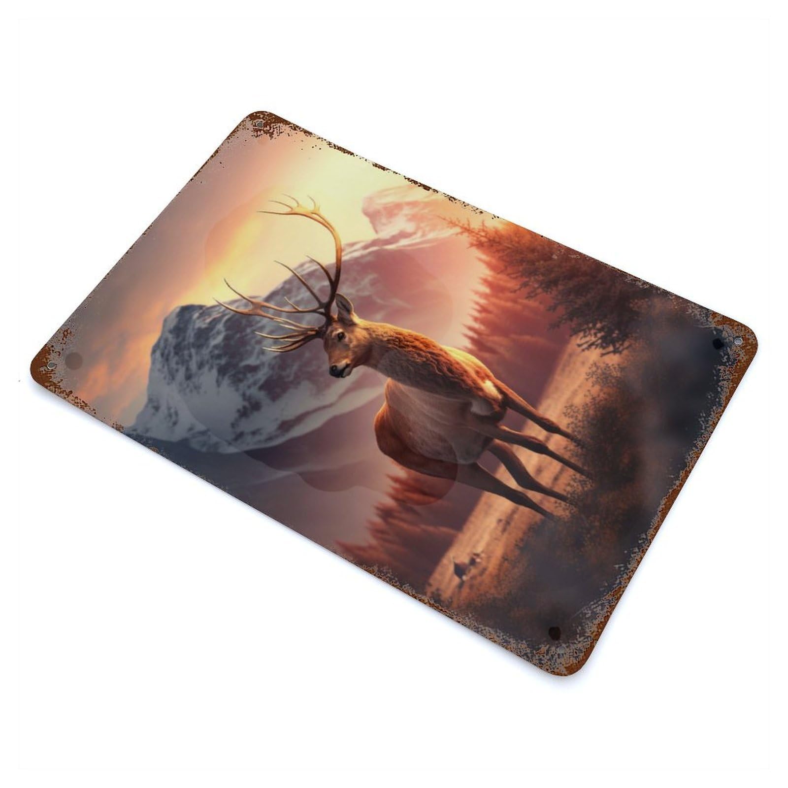 Deer Sunset Mountains Rusty Metal Tin Sign 11.8"x7.9", for Shed, Workshop And Garage Wall Decor, Shabby Chic Decor