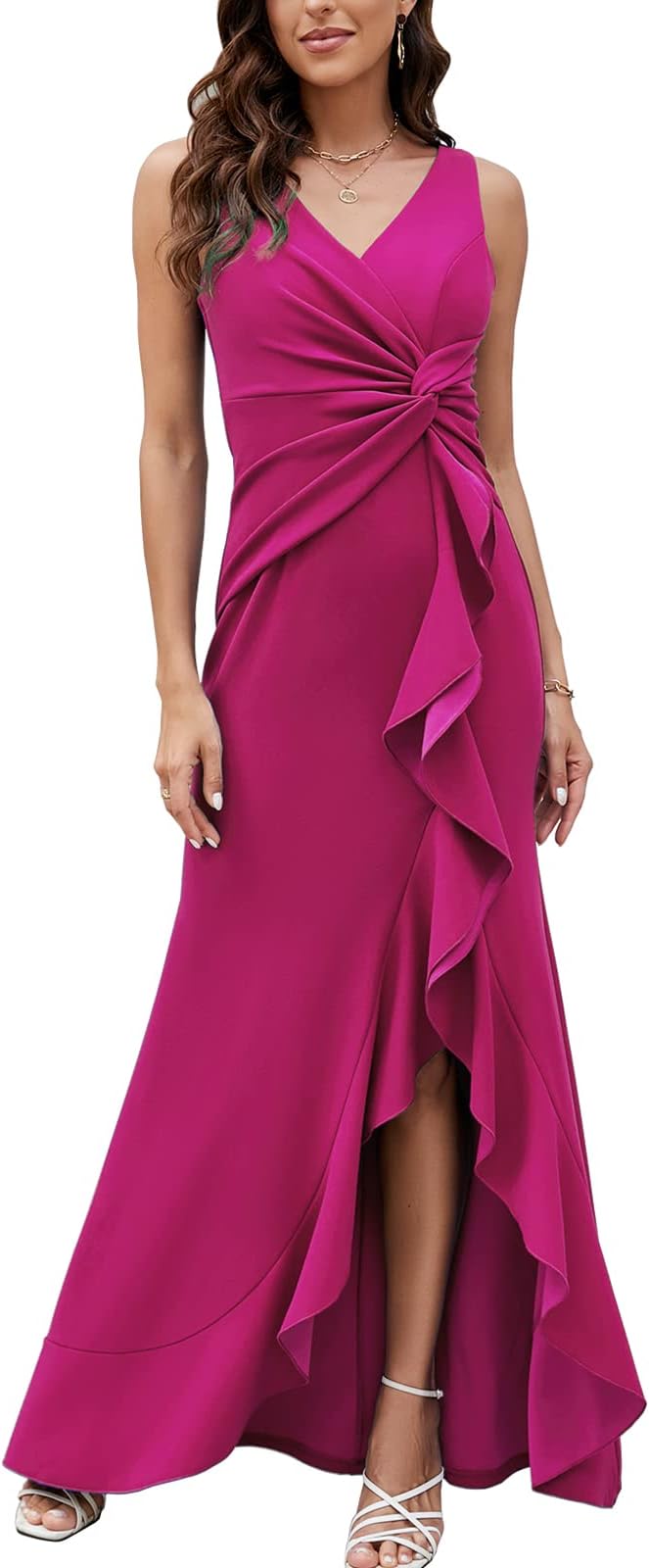 FQAFormal Evening Dresses for Women Elegant Evening Party Prom Dress Long Sexy V Neck Sleeveless Split Wrap