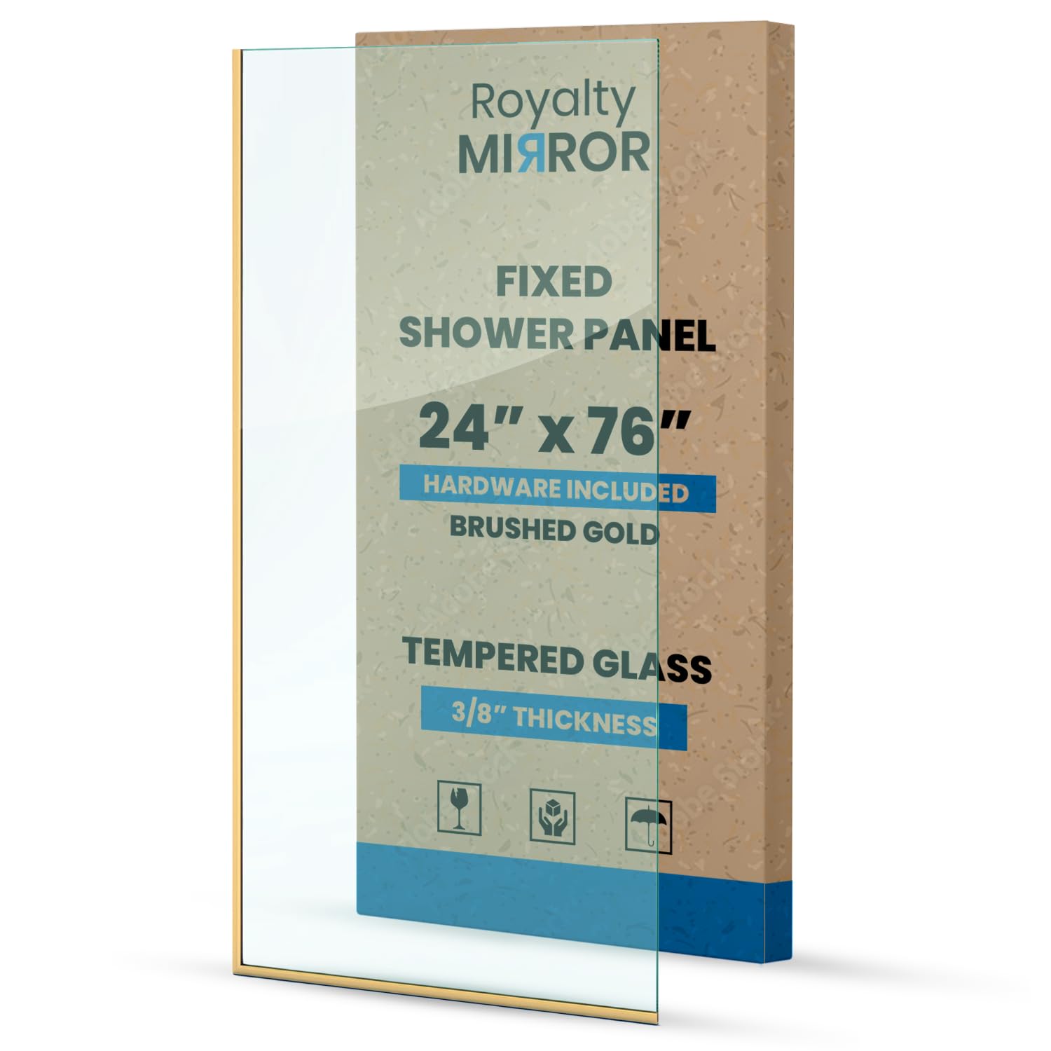 Royalty Fixed Shower Screen - 24" x 76" Frameless 3/8" Clear Tempered Glass Panel with Hardware - Easy Clean Smart Guard Coating - Minimalist Modern