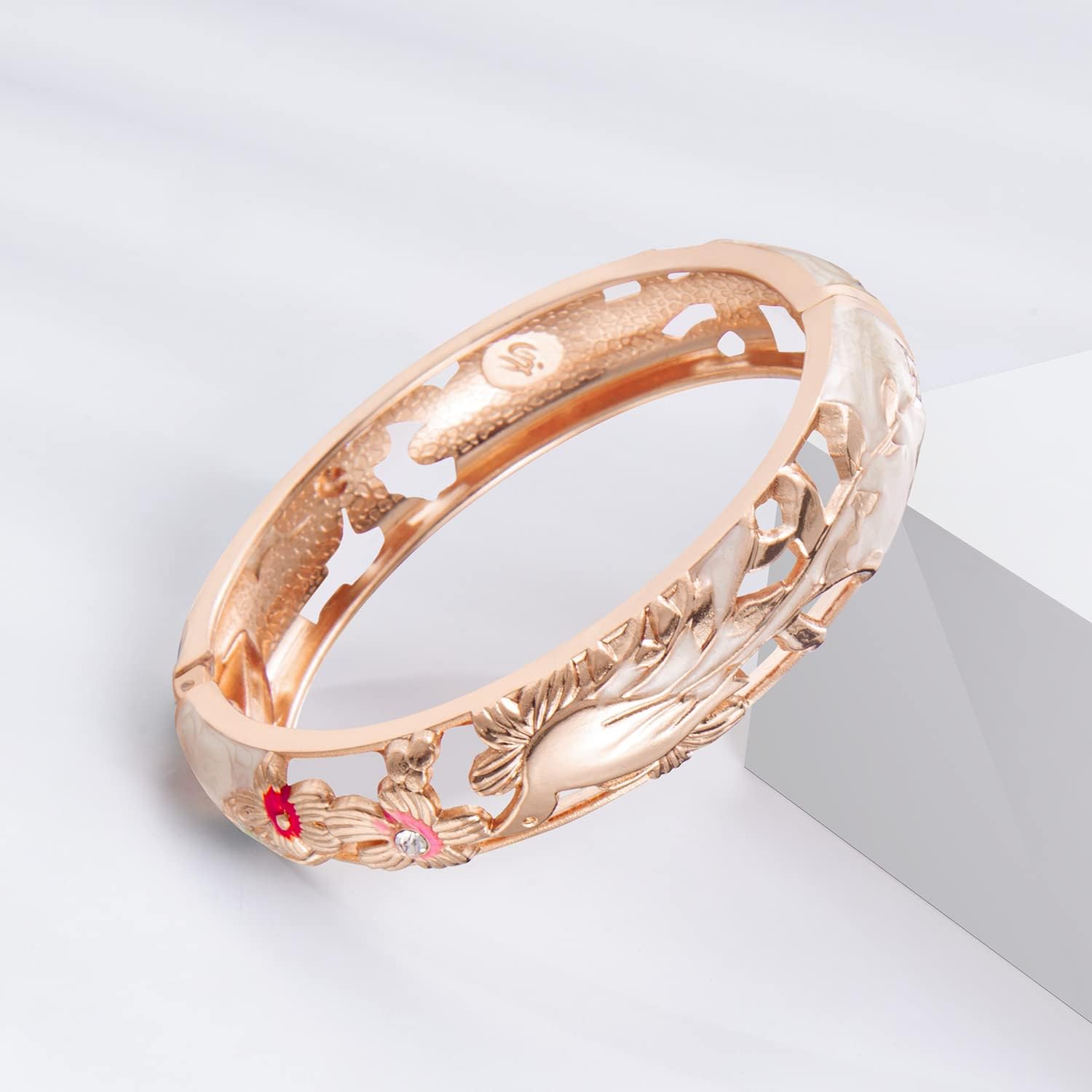 UJOY Cloisonne Indian Bangle Colored Crystal Plated Hinge Cuff Bracelet Hollowed Bird Enamel Jewelry Gift 55C49 - Image 3