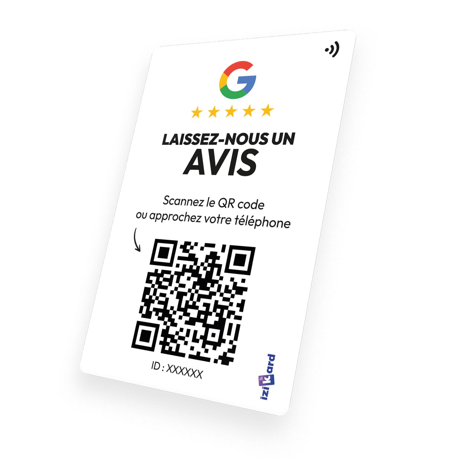 Carte NFC avis Google QR Code puce NFC collecter avis clients format carte rigide personnalisée Izikard