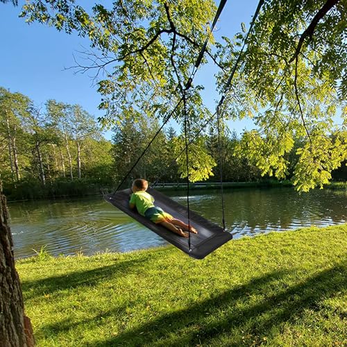 Image of Trekassy 60 inch Large Rectangle Platform Tree Swing for Kids Adults, 700lb Capacity Outdoor Flying Swing, 900D Oxford Waterproof Giant Swings with 2 Hanging Straps for Backyard- Black (Patented)