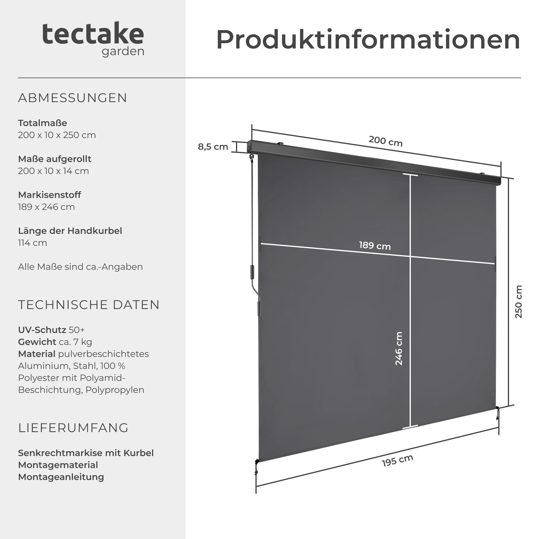 tectake® Markise, Senkrechtmarkise, Sonnenschutz Balkon Sichtschutz Terrasse, Flexible Trennwand für Pergola, Garten, Windschutz, Sonnenschutz, Balkonsichtschutz - dunkelgrau, 200 x 250 cm