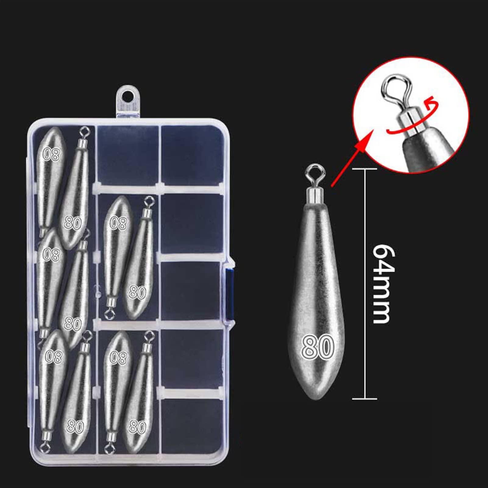10 pièces Plombs de pêche en Plomb avec boîte Poids de pêche en mer de Type Balle avec Marque de Poids Anneau de Suspension Plomb Drop-Shot Matériel de pêche à la Carpe 10g-100g
