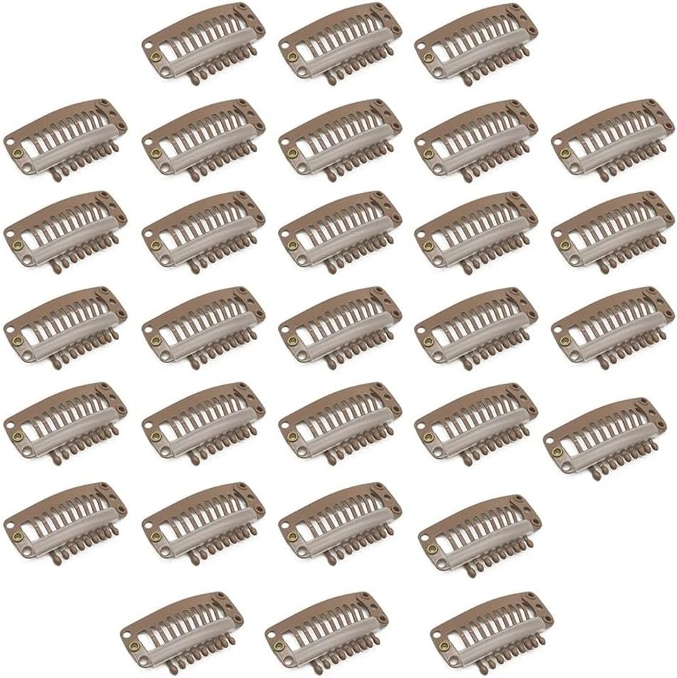 DAZISEN 30 Pieces Hair Extensions Clips - 9 Teeth Comb Clips Metal Snap Clips Hair Wig Clips DIY Comb Clips with Soft Rubber 32mm - Brown
