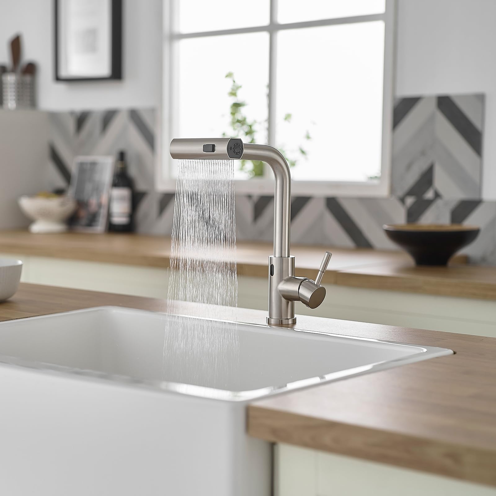 CENOSA Grifo de cocina sin contacto con sensor de movimiento, manos libres, rociador extraíble, níquel