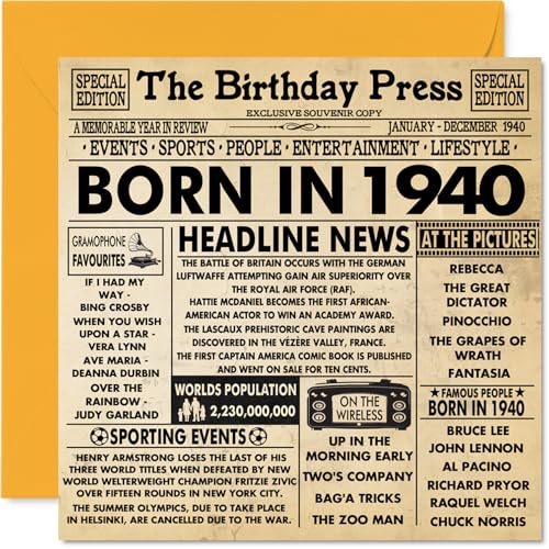 Geburtstagskarte zum 84. Geburtstag für Männer und Frauen, Zeitung \"Born In 1940 Newspaper – Happy 84 Birthday Card for Grandad Grandma Nan Vintage Retro Back in 1940, 145 mm x 145 mm, 84. Geburtstag Geburtstagskarte zum 84. Geburtstag für Männer und Frauen, Zeitung \"Born In 1940 Newspaper – Happy 84 Birthday Card for Grandad Grandma Nan Vintage Retro Back in 1940, 145 mm x 145 mm, 84. Geburtstag