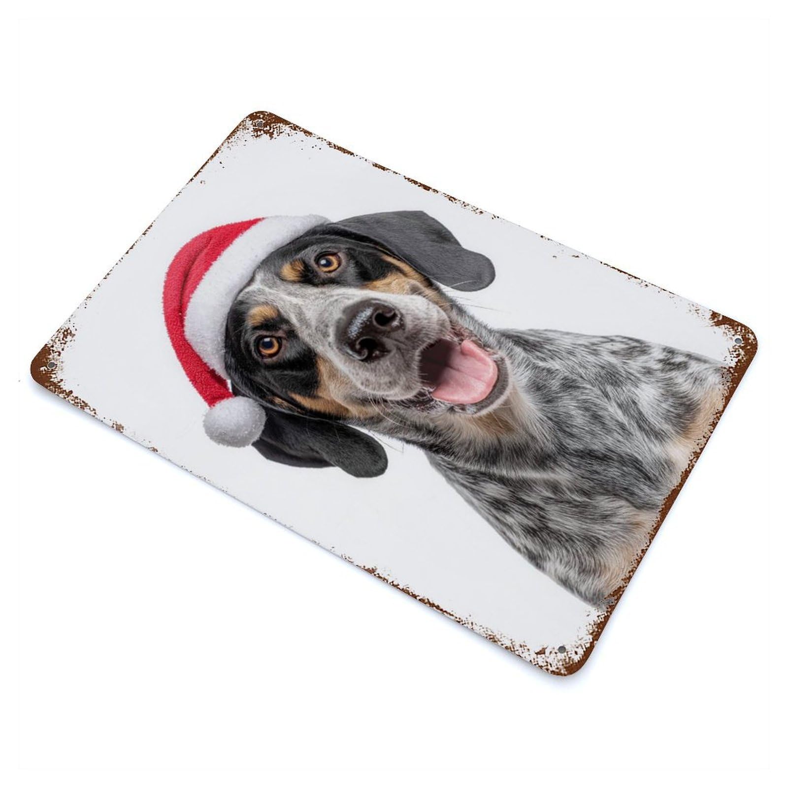 Weathered Tin Sign with Bluetick Coonhound Dog with Santa Hat Portrait Design 11.8"x7.9", for Basement, Hobby Room And Garage Decor, Industrial Home Decor