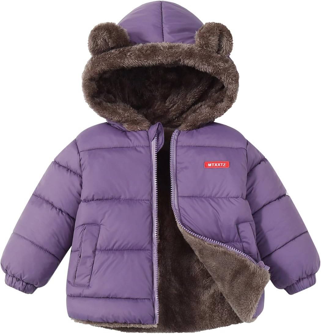 Toddler Winter Puffer Coat Fleece Padded Jackets Hooded Bear Ears Outwear Clothing for Kids Boys Girls 1-6 Years Purple 3-4T - Image 1 of 6