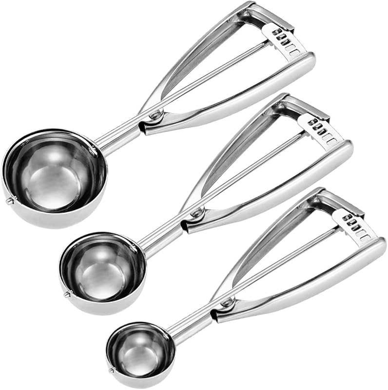 Fayomir Juego de cucharas para galletas – Pequeño/1 cucharada, mediano/2 cucharadas, grande/3 cucharadas – Cuchara para masa de galletas, cucharas para galletas para hornear, juego de 3, cuchara para helado de acero inoxidable 18/8 resistente