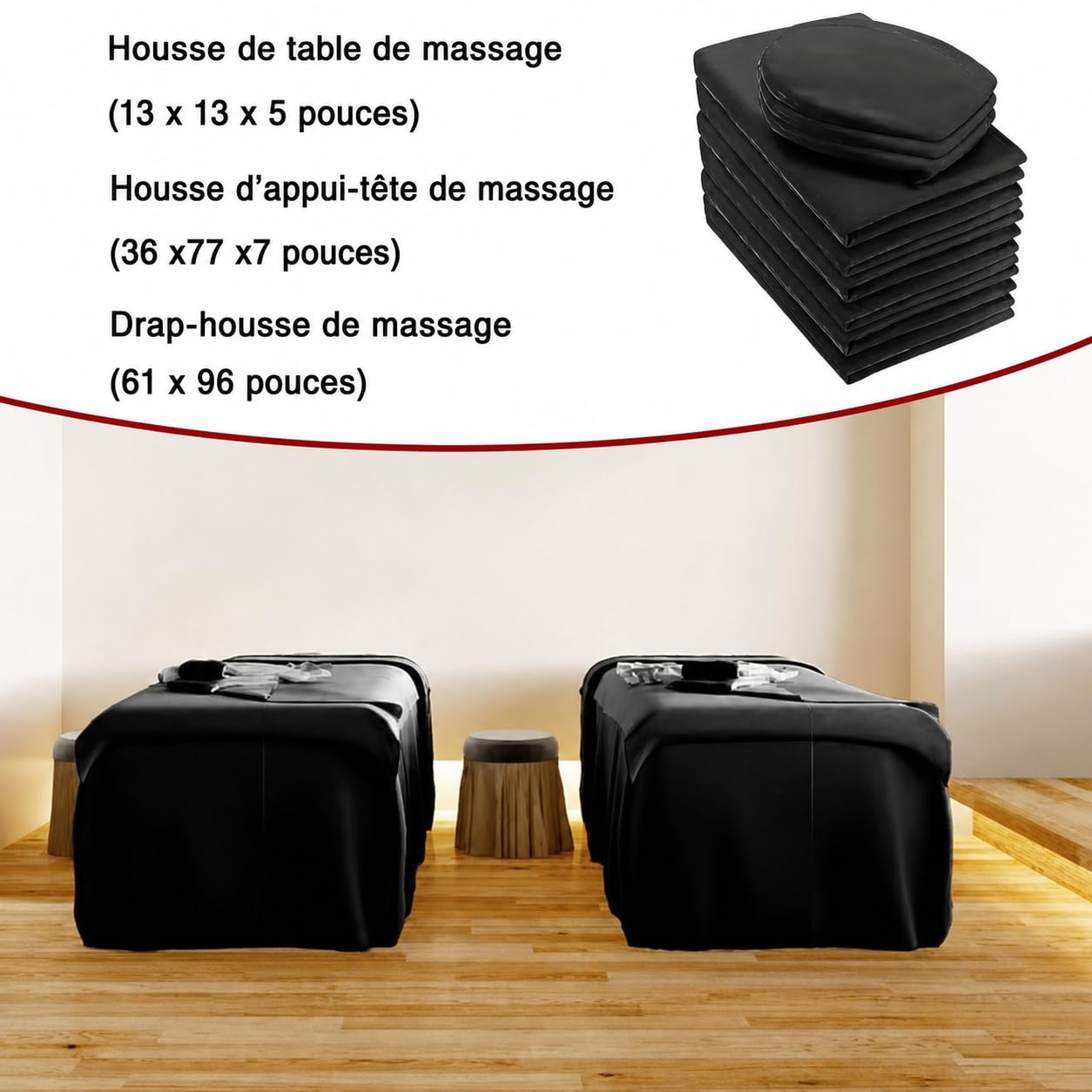 Lot de 6 Draps Massage Réutilisables Microfibre Pro - 2x Ensembles 3 Pièces -Housse Table, Drap Plat, Housse Tête- Pour Spa, Salon (Noir)