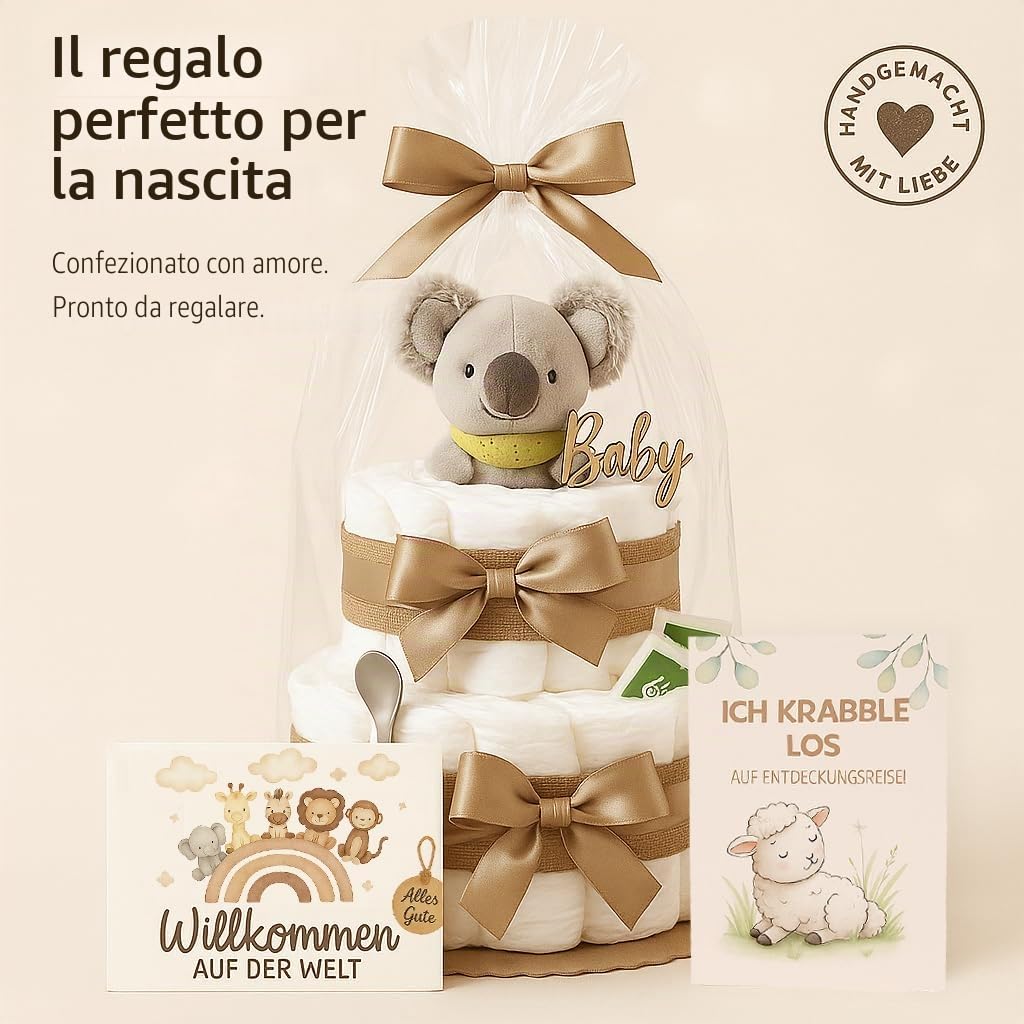 Torta di pannolini per bambine e ragazzi con koala – Boho Vintage [fatto a mano] – Regalo per la nascita con manico koala, pannolini premium e tè biologico, torta di pannolini neutra e per baby shower
