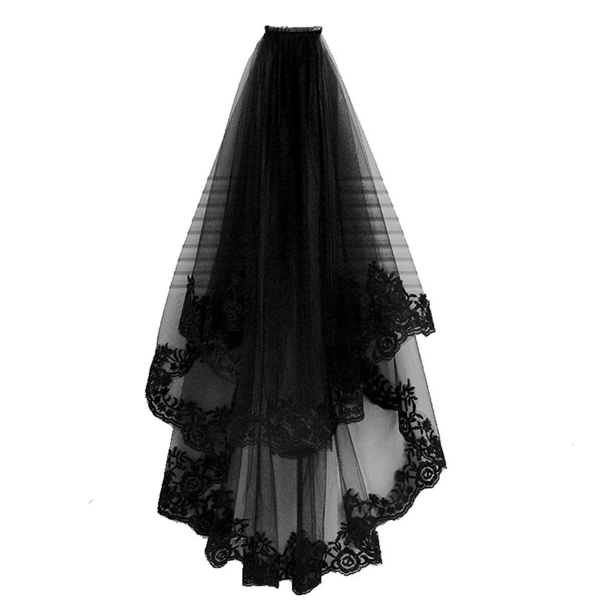 Xinchiuk Women's Black Lace Gothic Bride Veil - 2 Tier Elegant Wedding & Halloween Headdress With Comb - Soft Tulle, Short, Embroidered Edge, Elbow Length Hen Party Veil