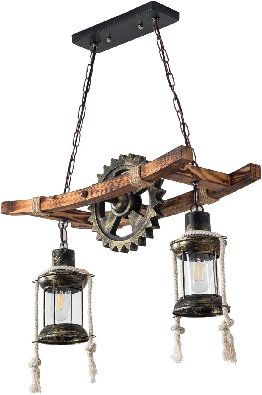 2-Head Retro Industrial Chandelier, 110-120v Rustic Wood Hanging Industrial Pendant Lighting Industrial Wood Metal Vintage Ceiling Light Fixture for Living Rooms Bedrooms Kitchen Islands