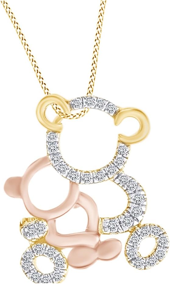 AFFY Round Cut White Natural Diamond Mom & Baby Teddy Bear Two Tone Pendant Necklace In 14K Gold Over Sterling Silver