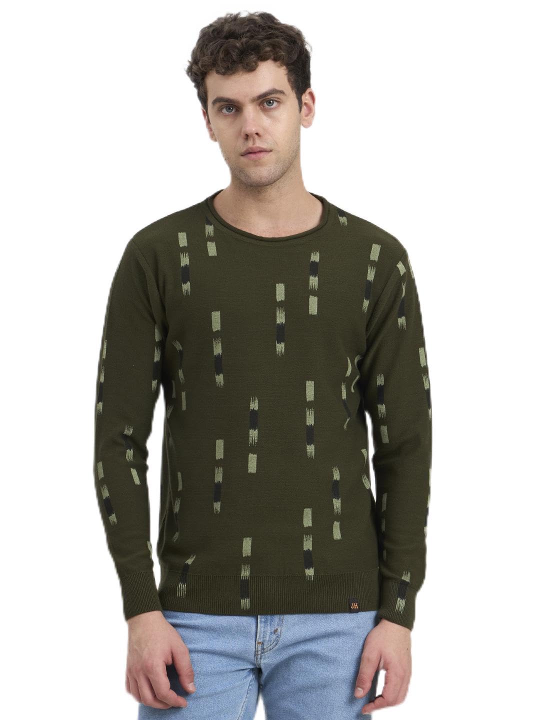 Men's Olive Green Printed Round Neck Knit Sweater-picture-18