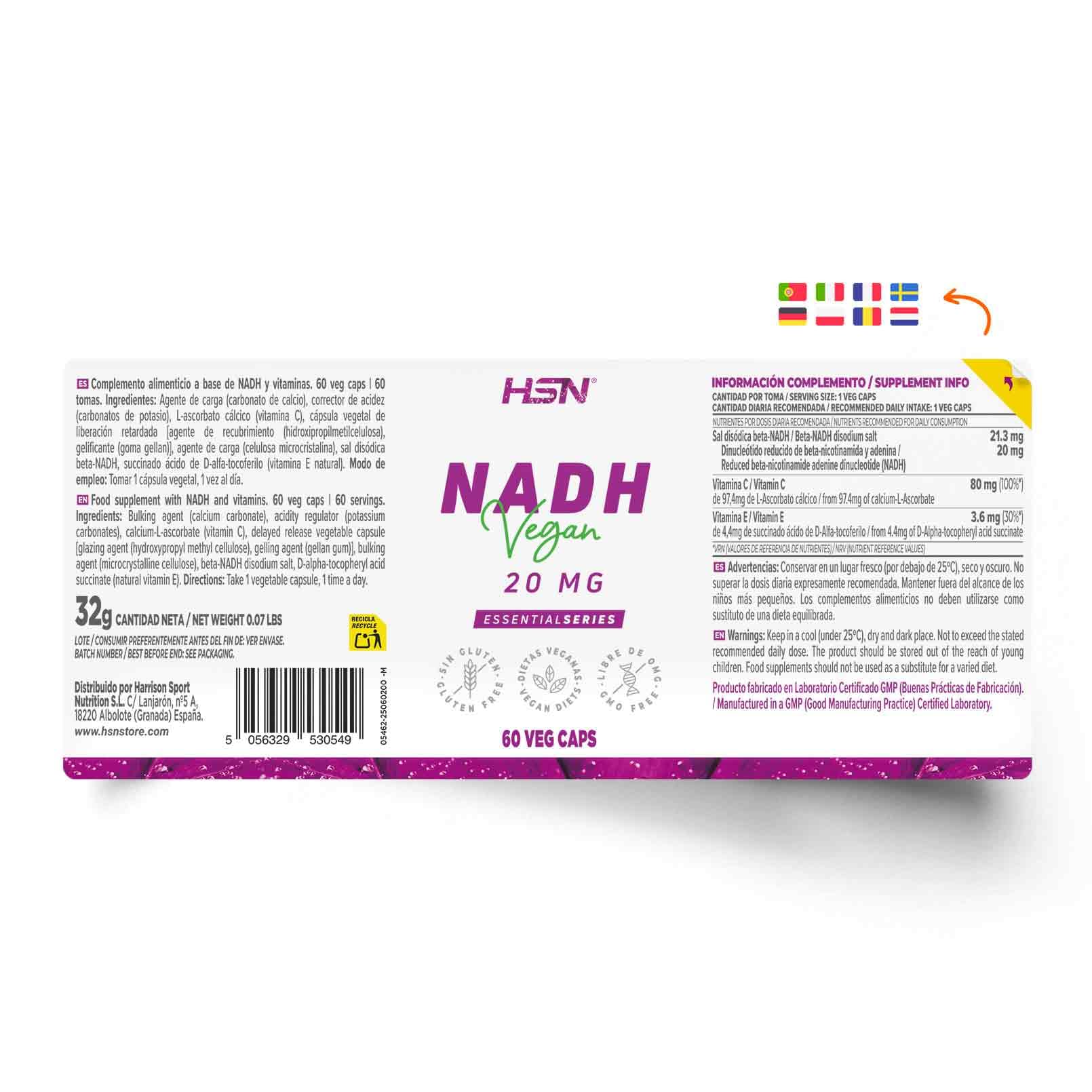 HSN NADH 20mg | 120 Capsule Vegetali a Rilascio Ritardato | Formula Stabile | Protezione dagli acidi gastrici | Con vitamine C ed E antiossidanti | Non OGM, Vegano, Senza Glutine