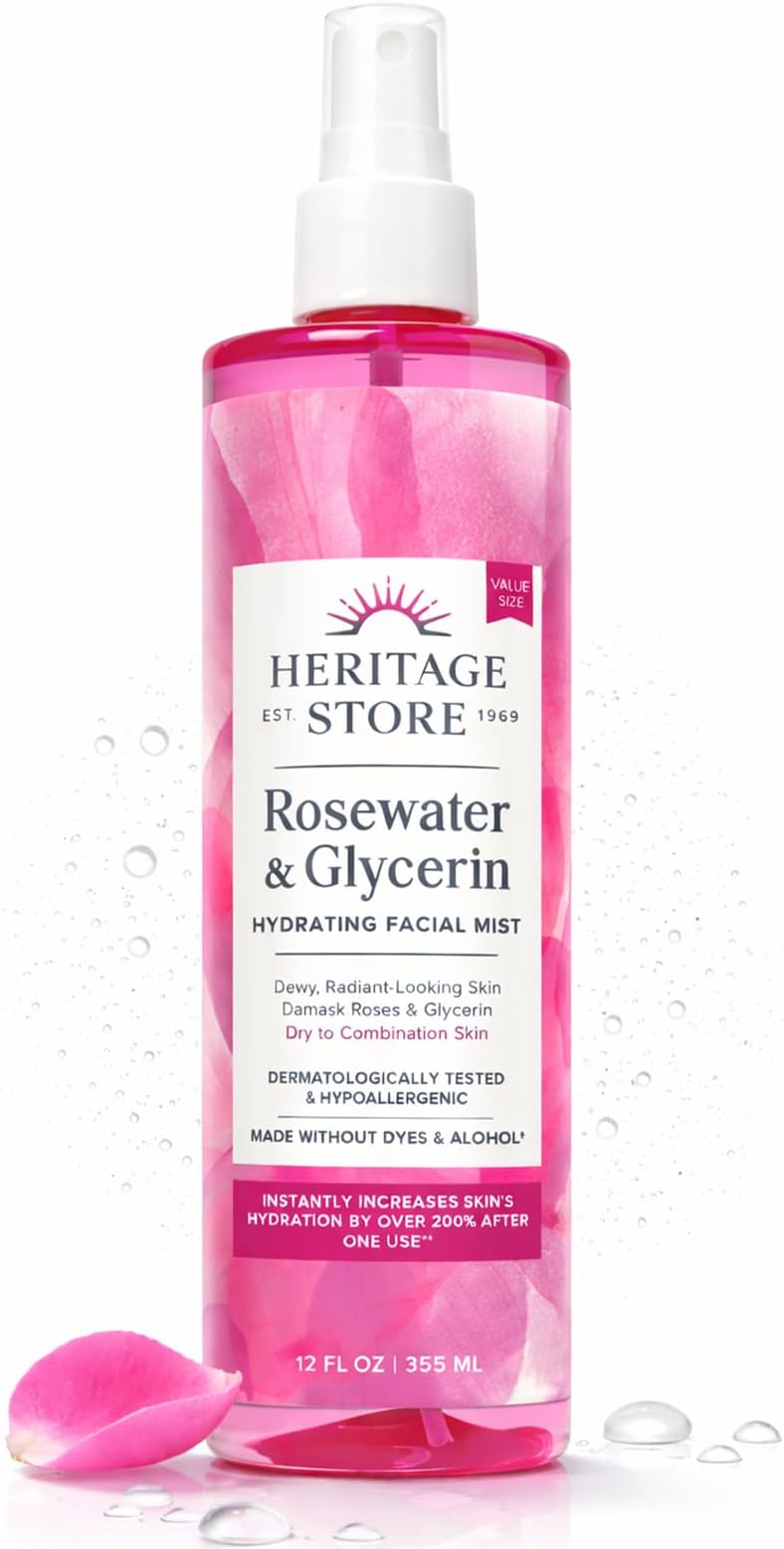 HERITAGE STORE Rosewater & Glycerin Hydrating Facial Mist - Dry Combination Skin Care - Rose Water Spray w/Vegetable Glycerine, Made Without Dyes or Alcohol, Hypoallergenic, 12 FL OZ
