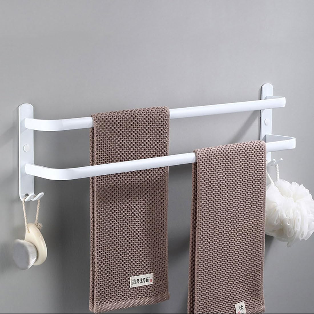 Nvdsivee White 2 Layer Towel Rack Holder Wall Mounted Space Aluminum Towel Rail Towel Bar Stands For Bathroom Hotel Kitchen (60Cm, )