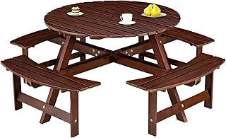 Outdoor 8 Person Picnic Table, 8 Person Round Picnic Table with 4 Built-in Benches, Umbrella Hole, Outside Table and Bench Set for Garden, Backyard, Porch, Patio, Brown