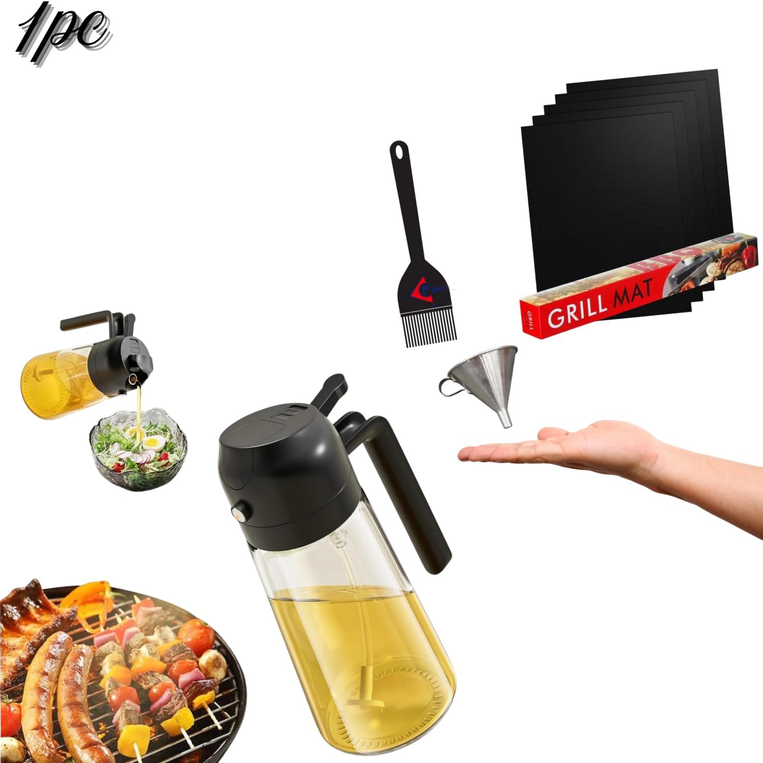 Oil Sprayer Set with 16oz Glass Bottle, Silicone Brush, Stainless Steel Funnel, BBQ Grill Mat for Cooking