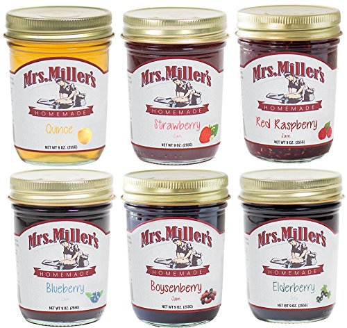 Mrs. Miller's Amish Homemade Quince Jelly, Strawberry Jam, Red Raspberry Jam, Blueberry Jam, Boysenberry Jam & Elderberry Jelly Variety Pack (One of Each) 9 Ounces Each - Pack of 6